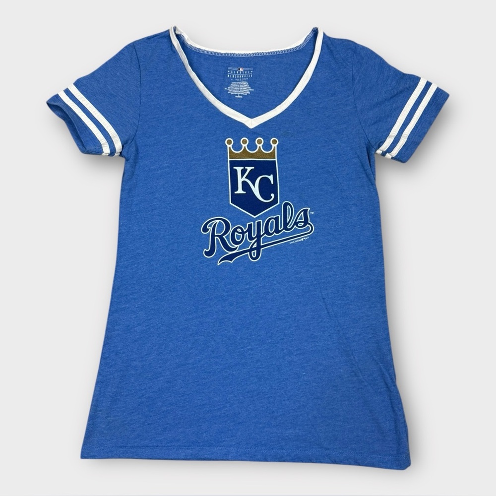 MLB 5th & Ocean Kansas City Royals Blue V-Neck Graphic T-Shirt Womens Small